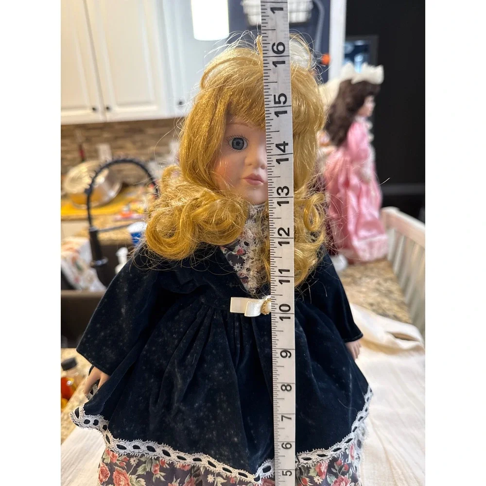 Vintage Porcelain Collector Doll 16 inch Blue Velvet Floral Lace Victorian Style